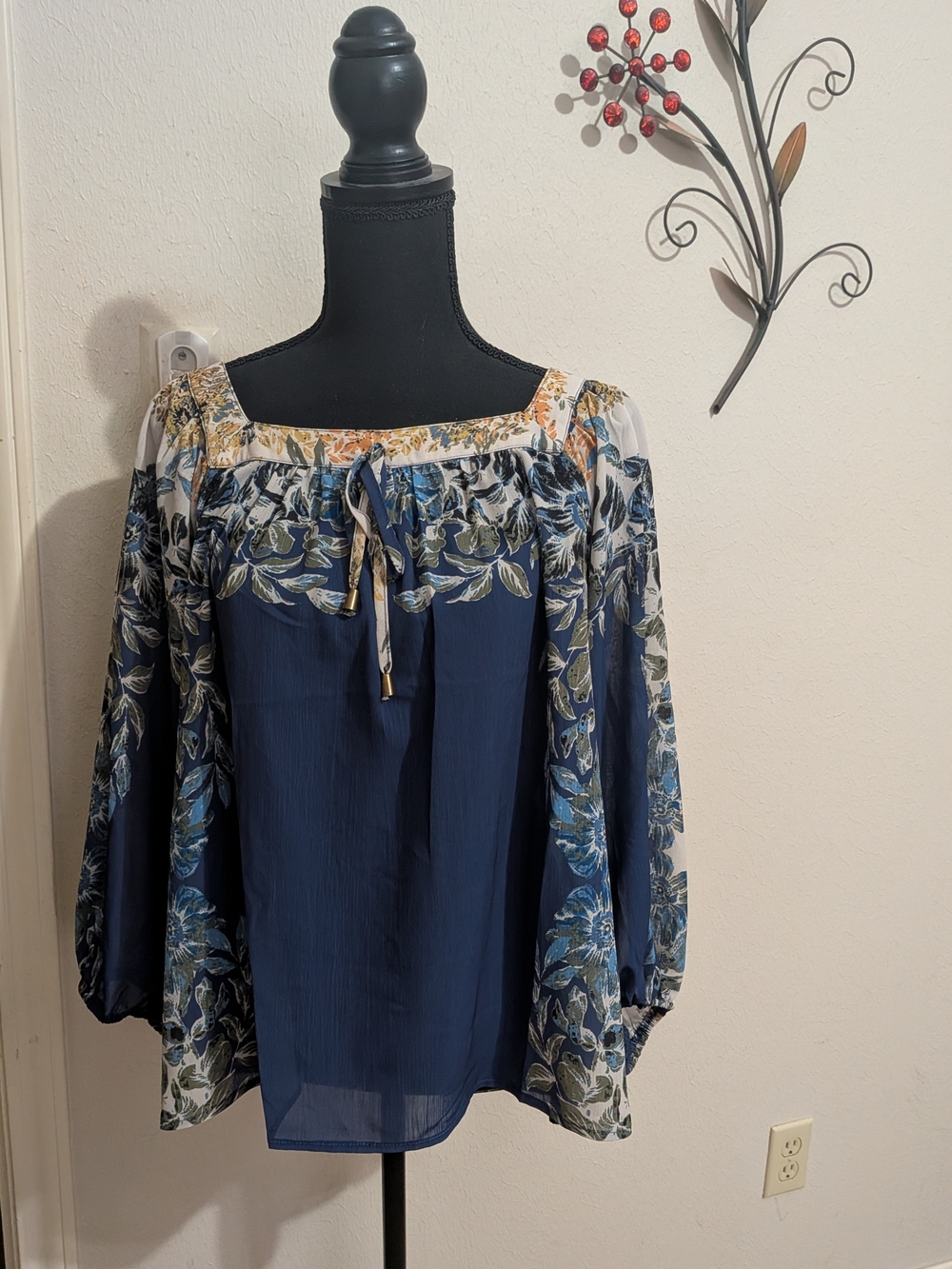 Boho Floral Off-Shoulder Blouse - Navy